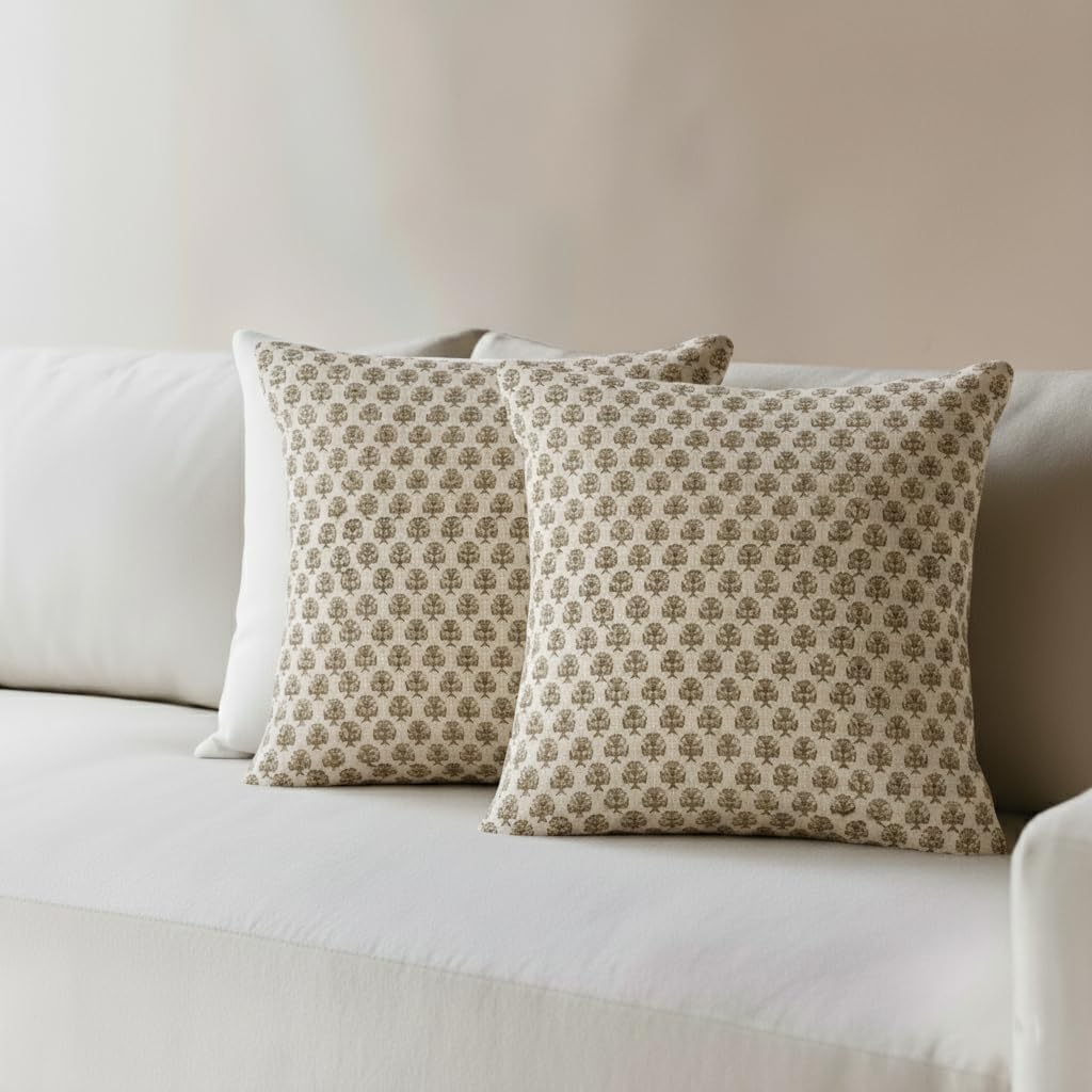 Beige Block Print Pillow Cover Set