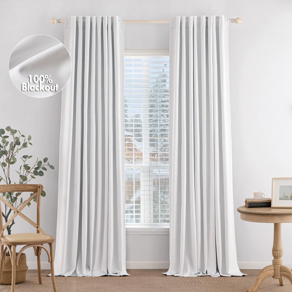 White Faux Linen Blackout Curtains 108 Inch
