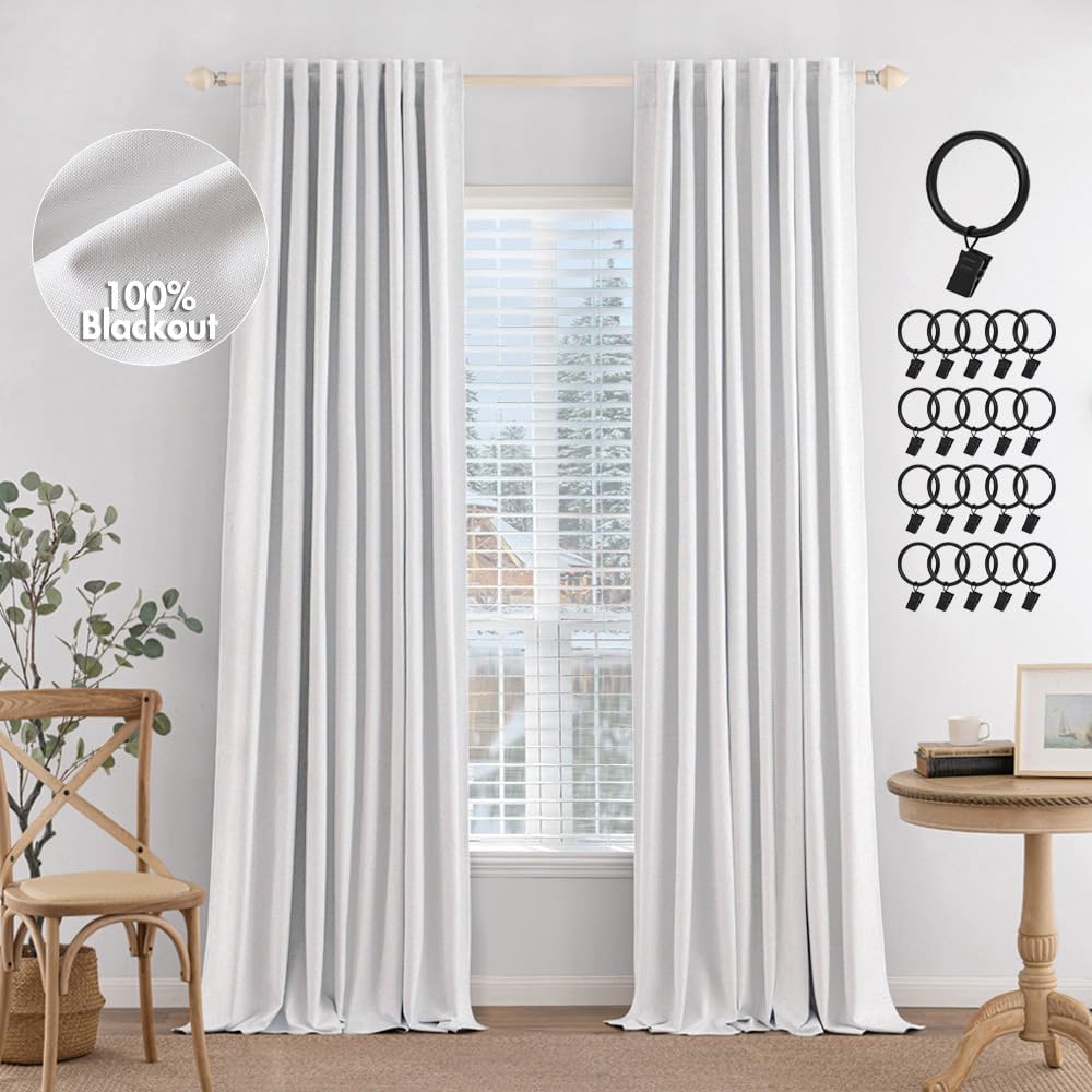 White Faux Linen Blackout Curtains 108 Inch