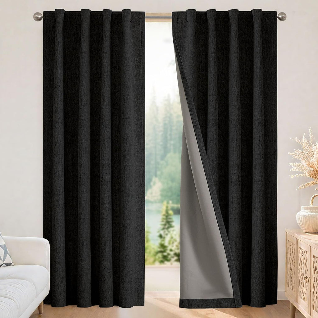 Black Linen Textured Blackout Curtains 120 Inch