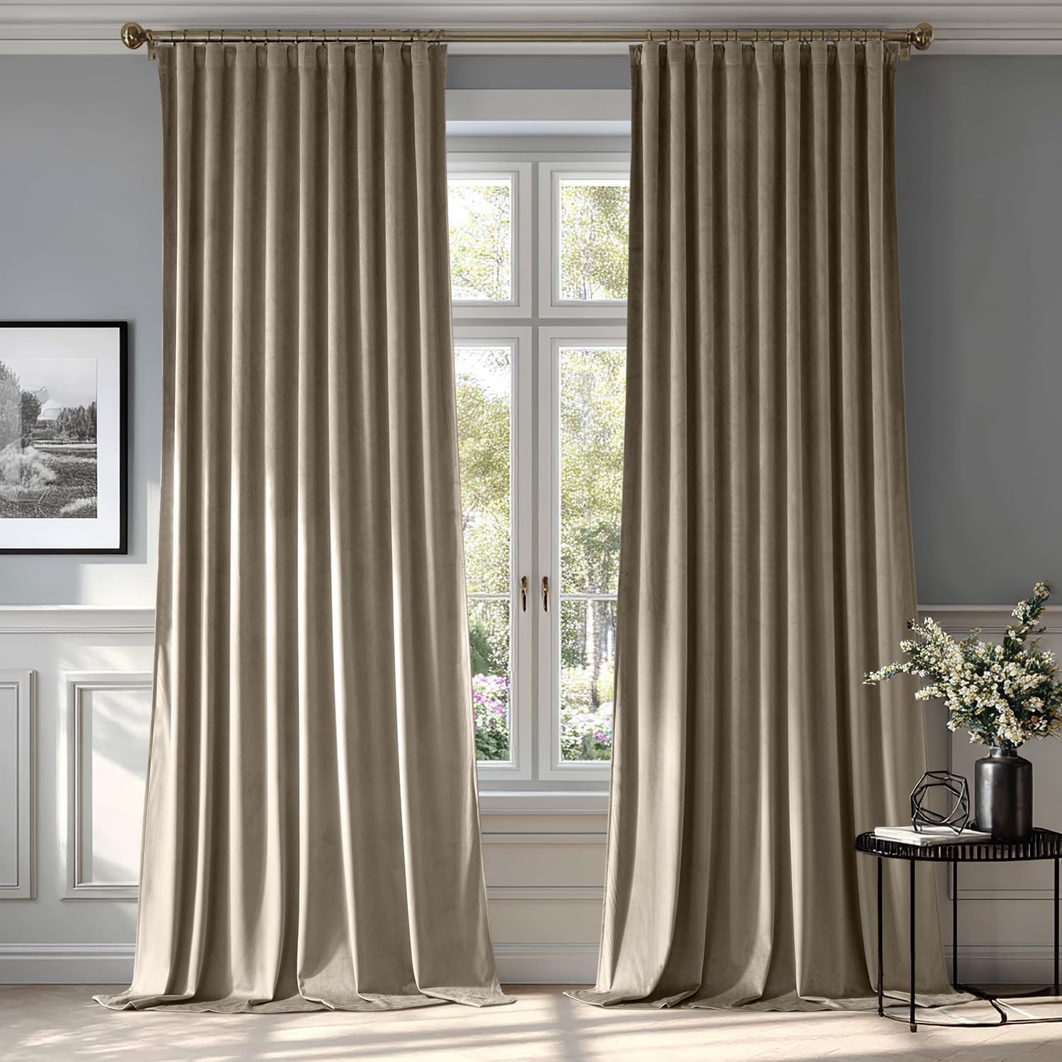 Taupe Velvet Blackout Curtains 108 Inch