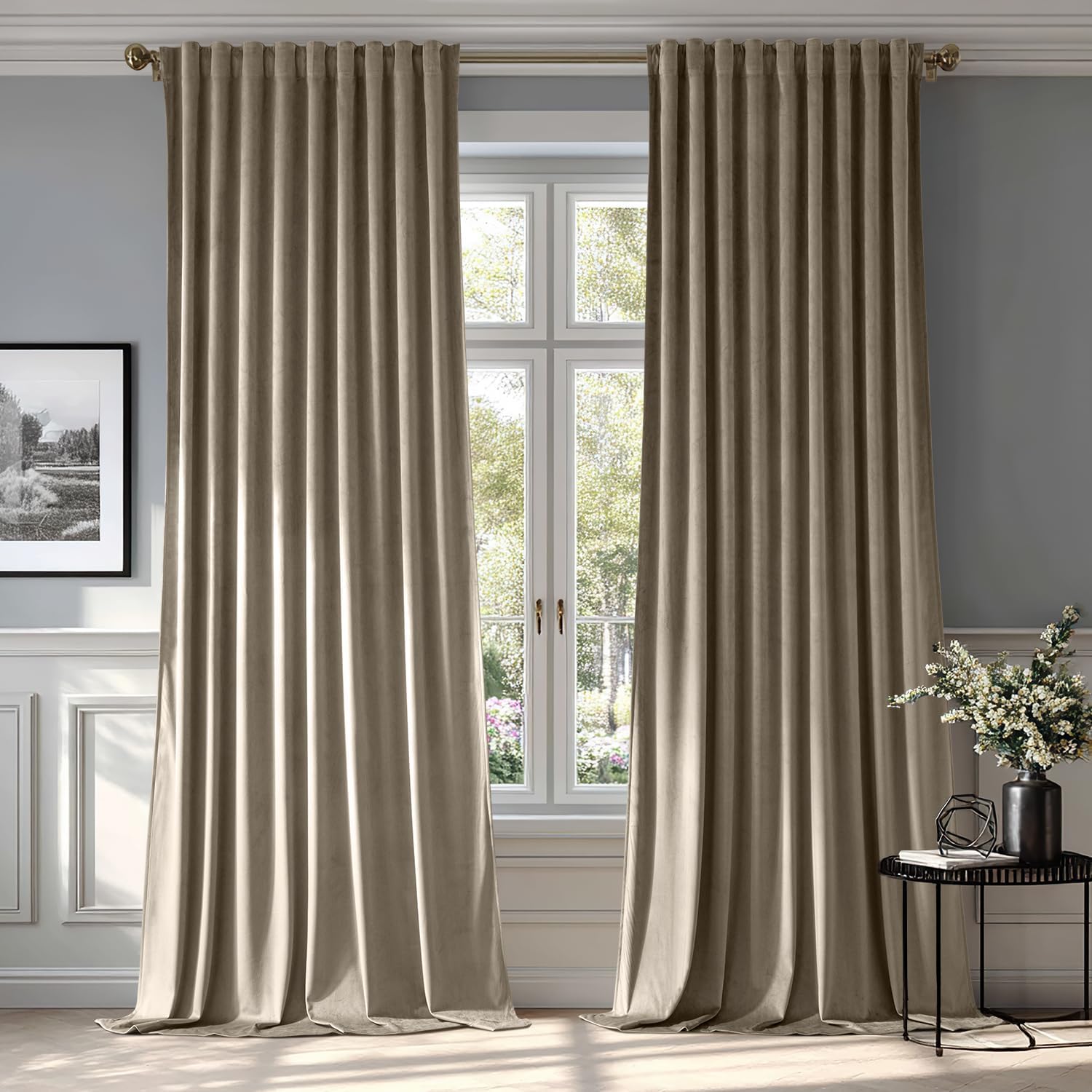 Taupe Velvet Blackout Curtains 108 Inch