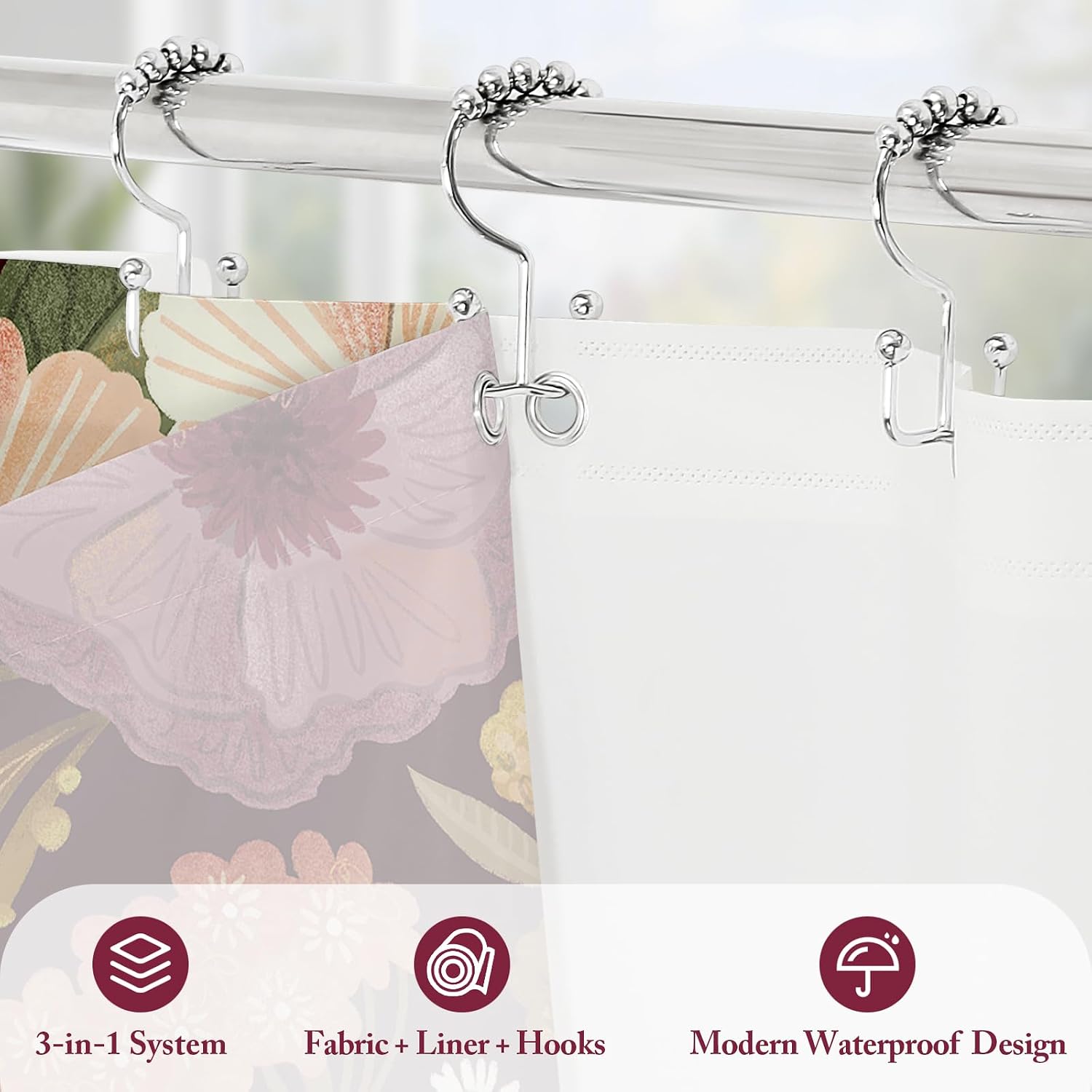 Boho Floral 3-in-1 Shower Curtain Set