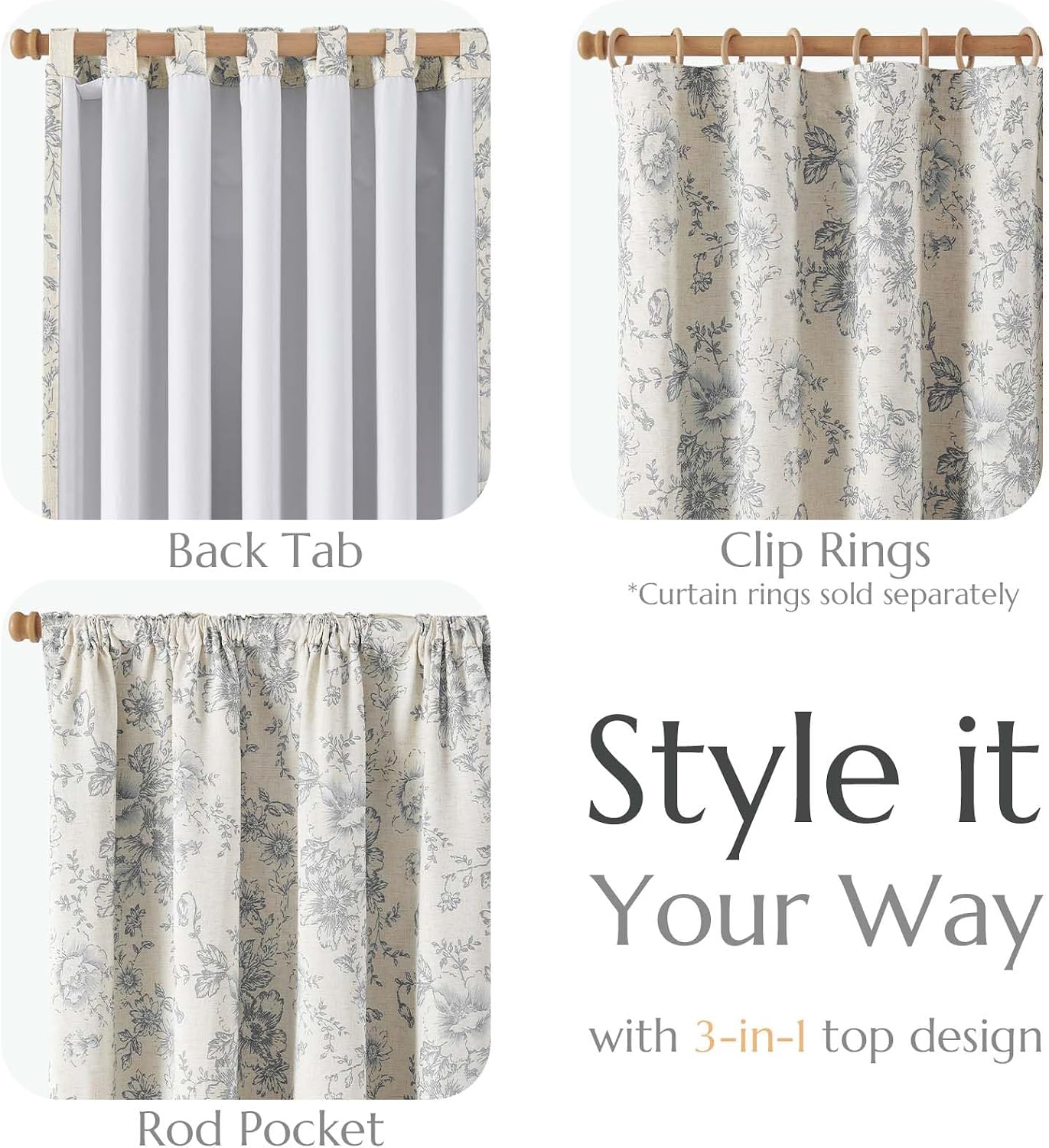 Grey Floral Linen Blend Blackout Curtains 84 Inch
