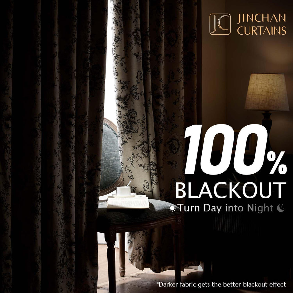 Black Floral Linen Blend Blackout Curtains 90 Inch