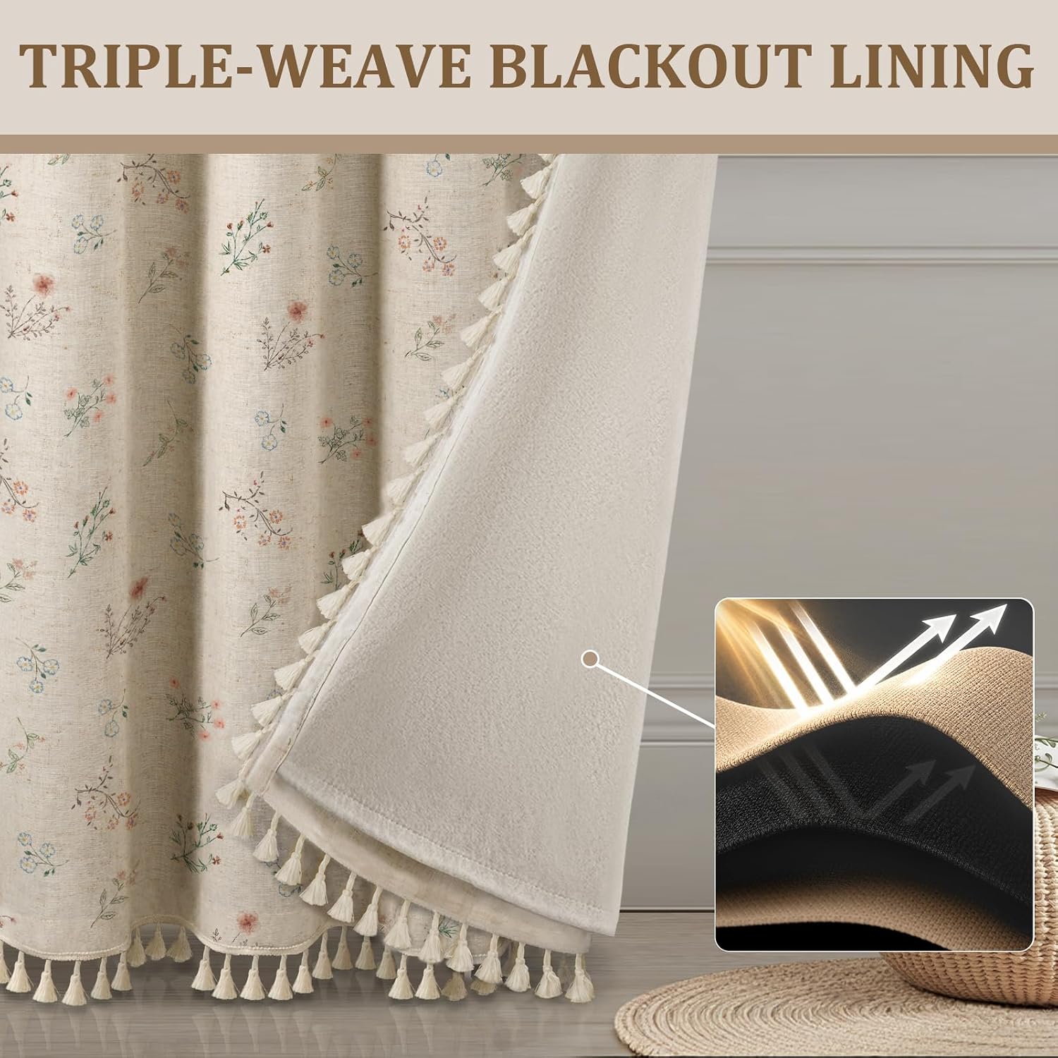 Beige Boho Floral Linen Blackout Curtains 84 Inch