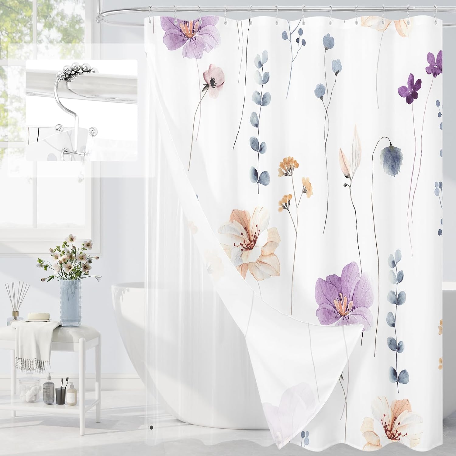 Purple Floral Shower Curtain Set