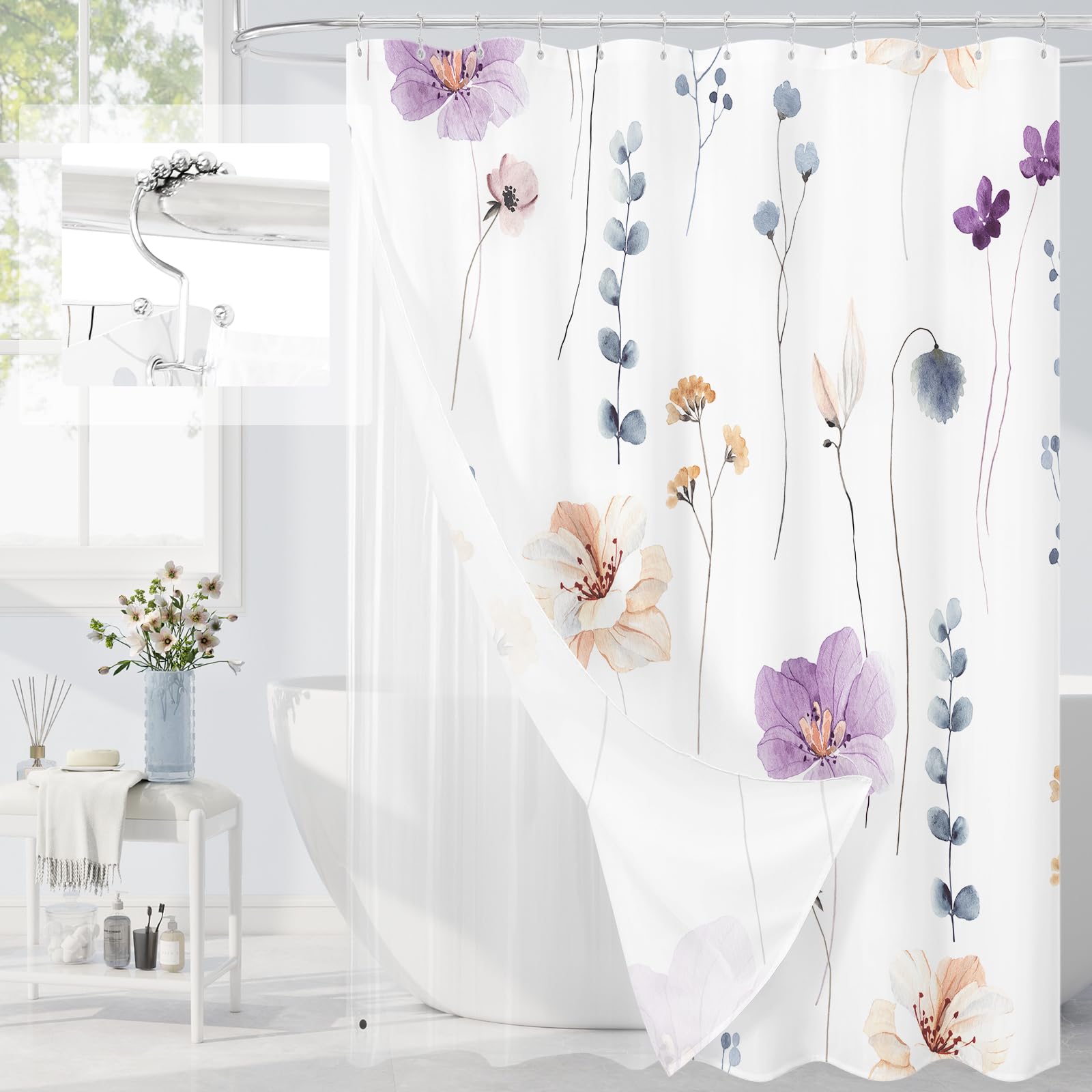 Purple Floral Shower Curtain Set