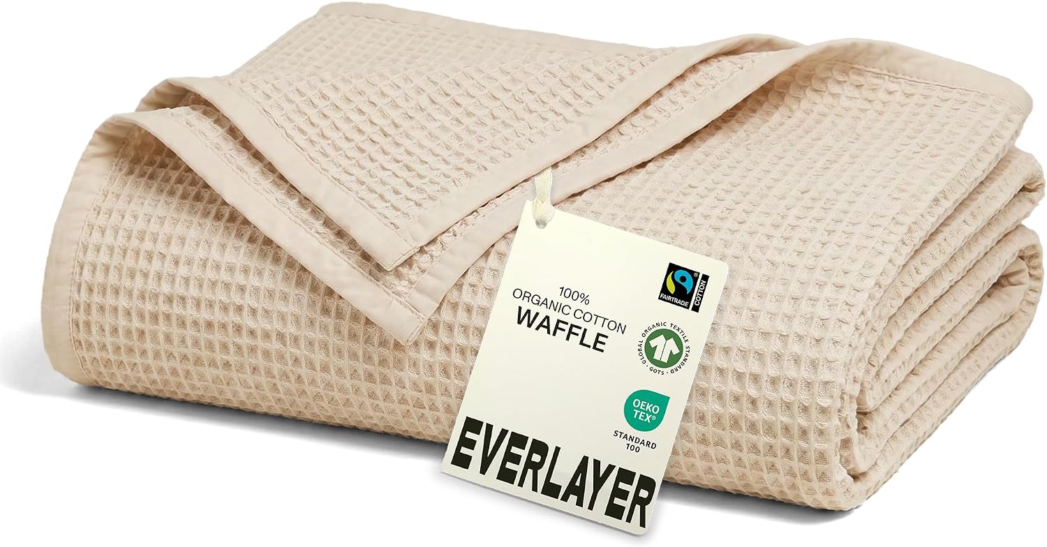 Natural Ivory Organic Cotton Waffle Throw Blanket