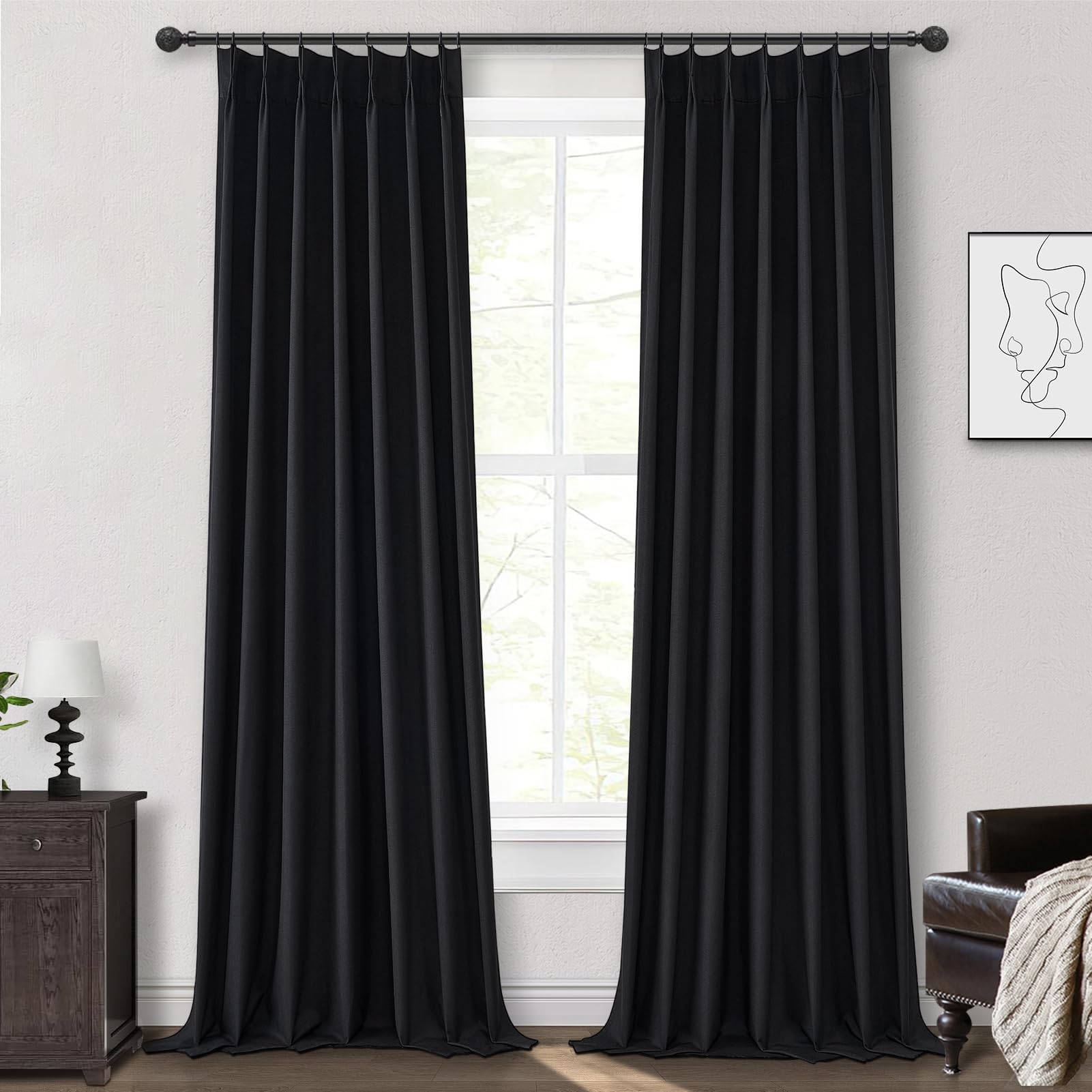 Black Linen Blackout Curtains 90 Inch
