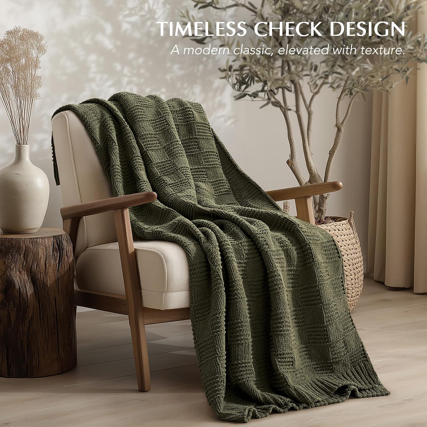 Olive Green Checkered Chenille Throw Blanket