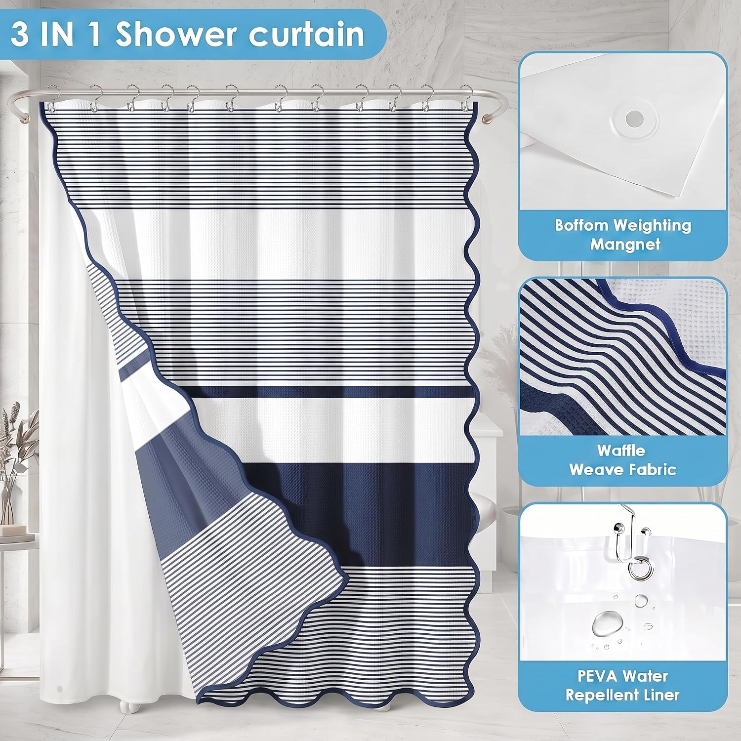 Navy Waffle Shower Curtain Set