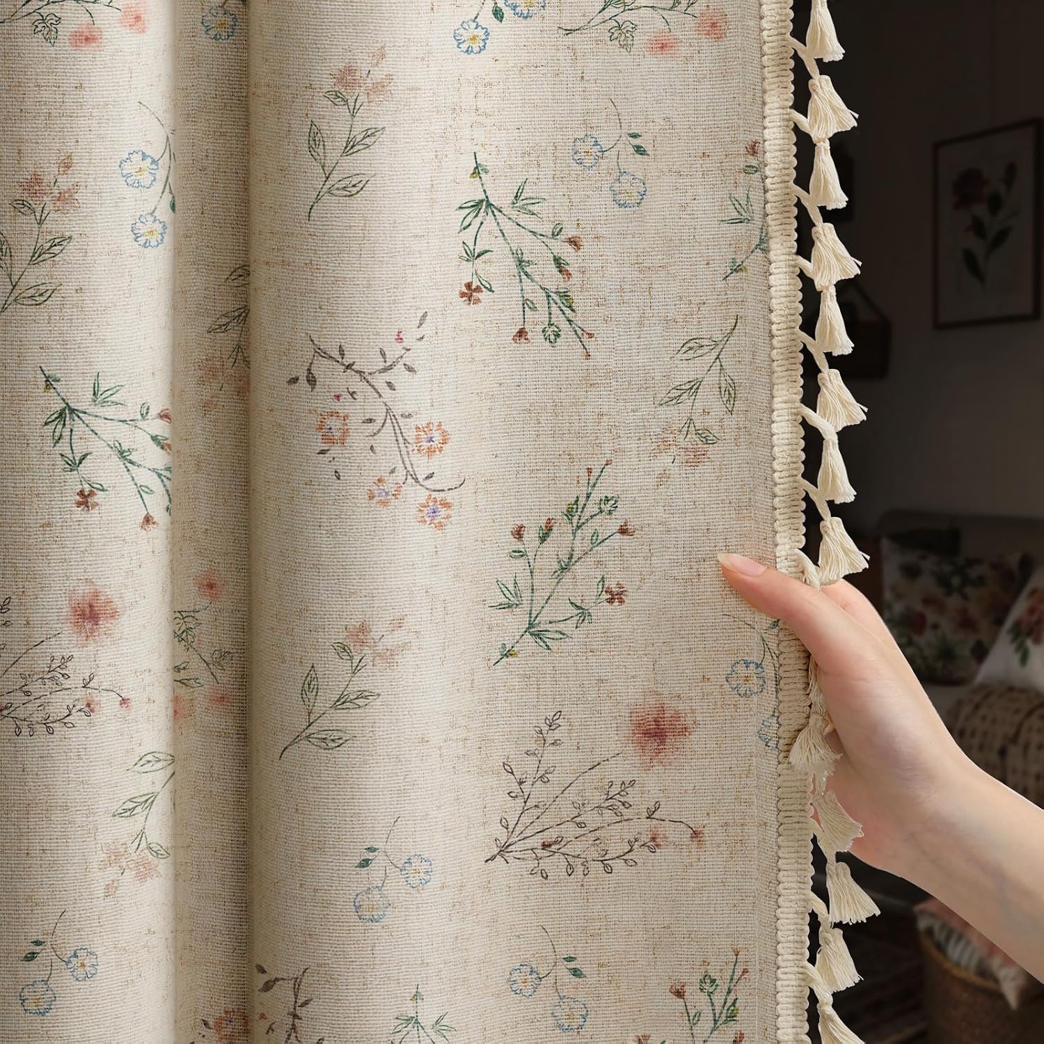 Beige Boho Floral Linen Blackout Curtains 84 Inch