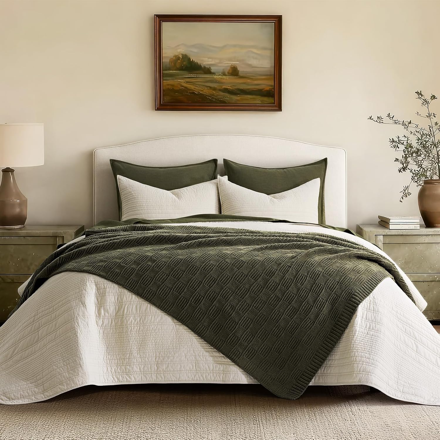 Olive Green Checkered Chenille Throw Blanket