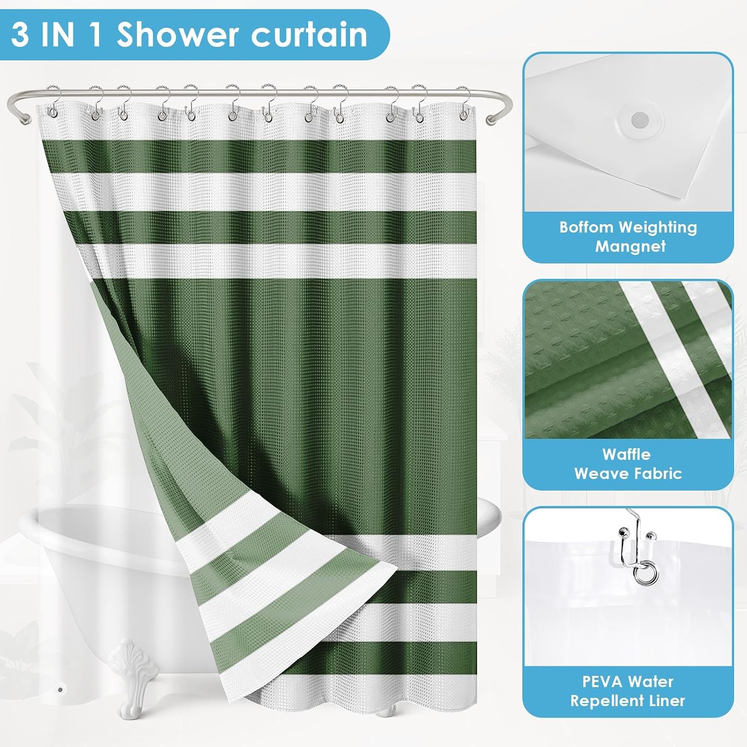 Green Striped Shower Curtain Set