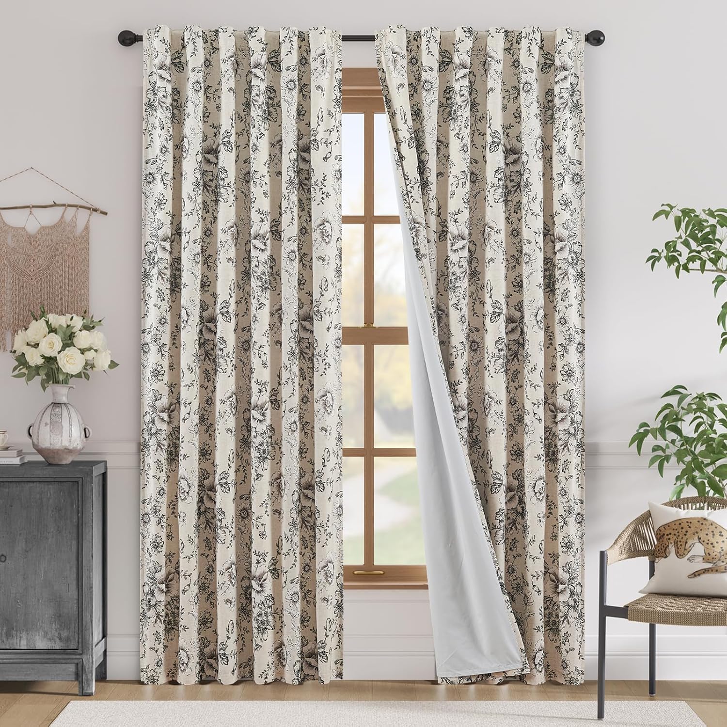 Black Floral Linen Blend Blackout Curtains 90 Inch