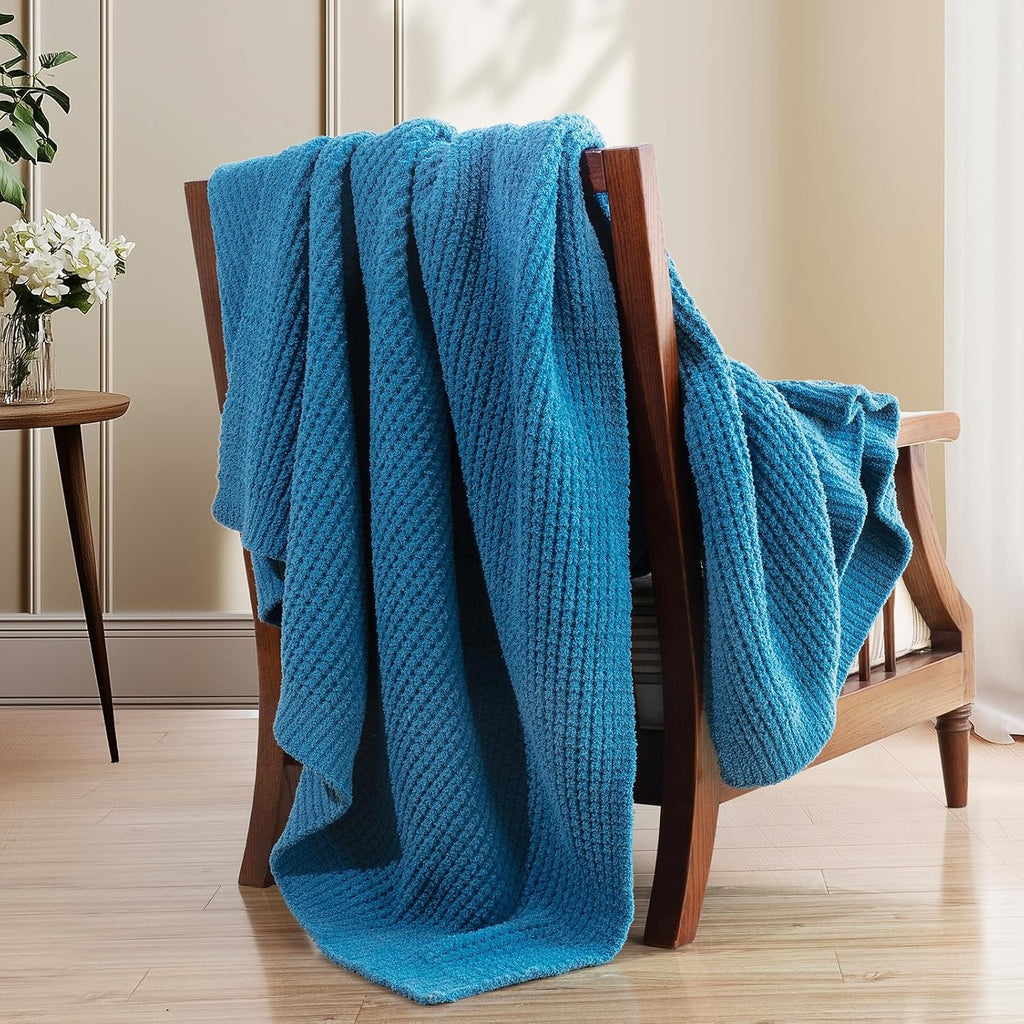 Blue Chunky Waffle Knit Throw Blanket