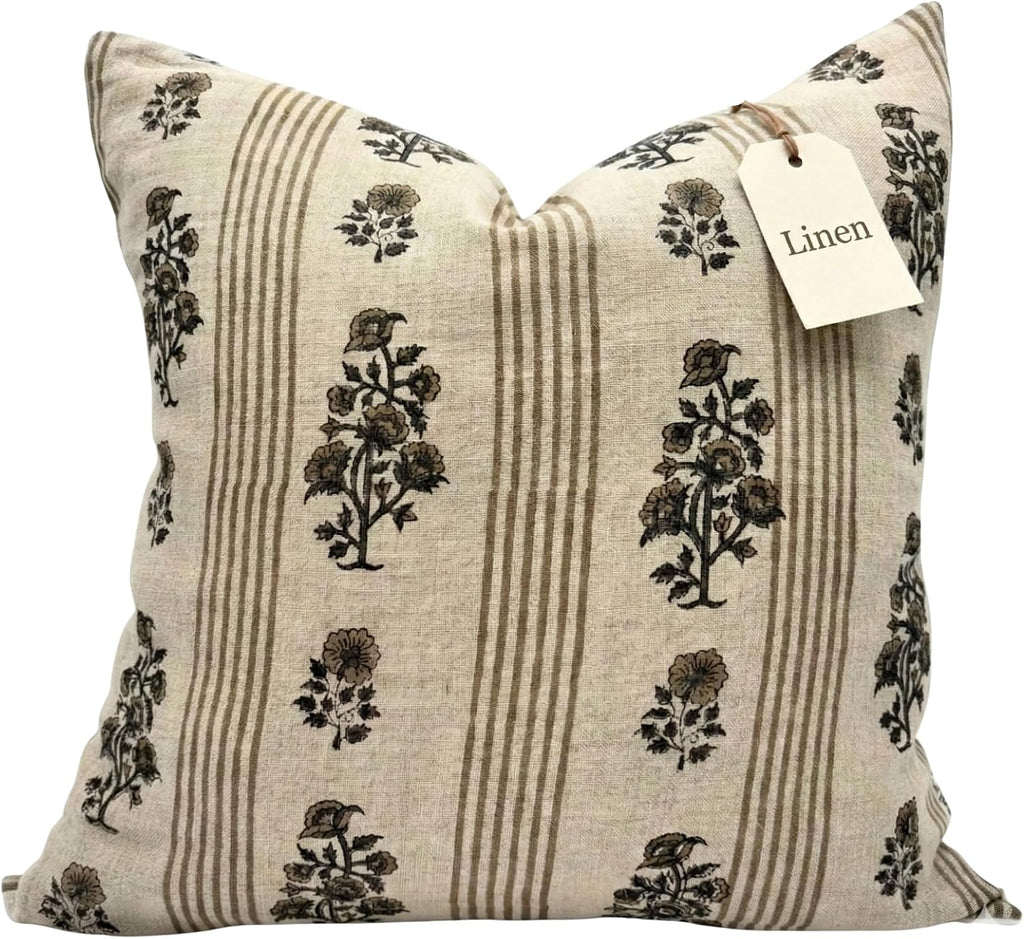 Floral Striped Linen Pillow Covers