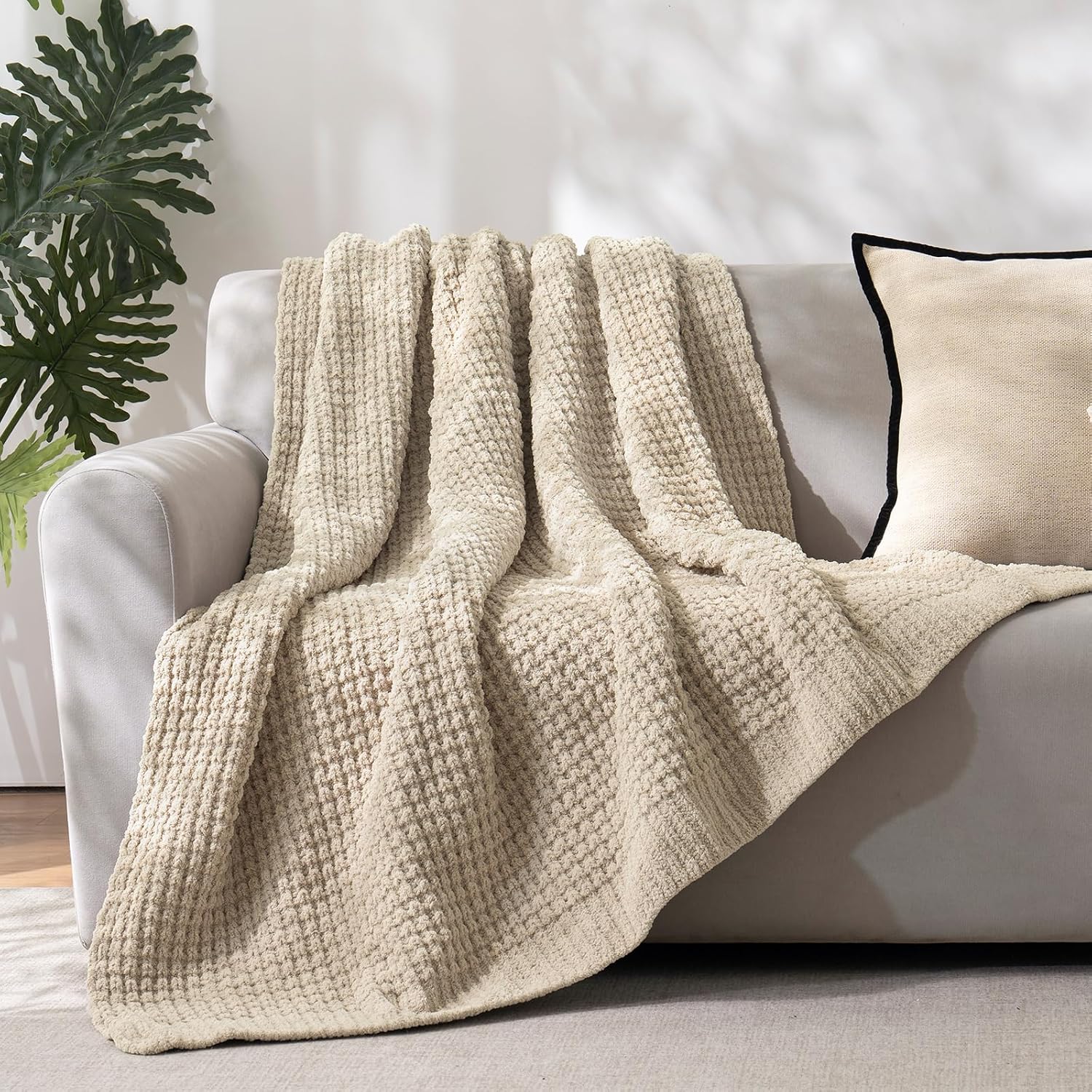 Natural Chenille Waffle Knit Throw Blanket