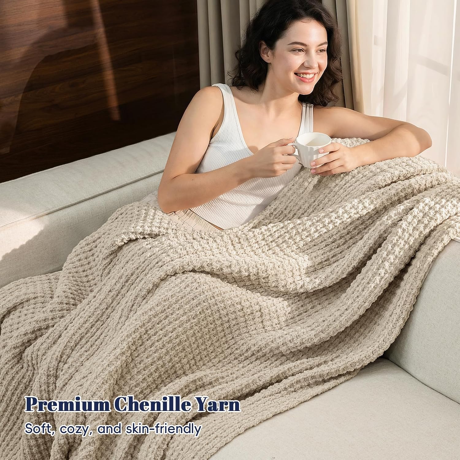 Natural Chenille Waffle Knit Throw Blanket