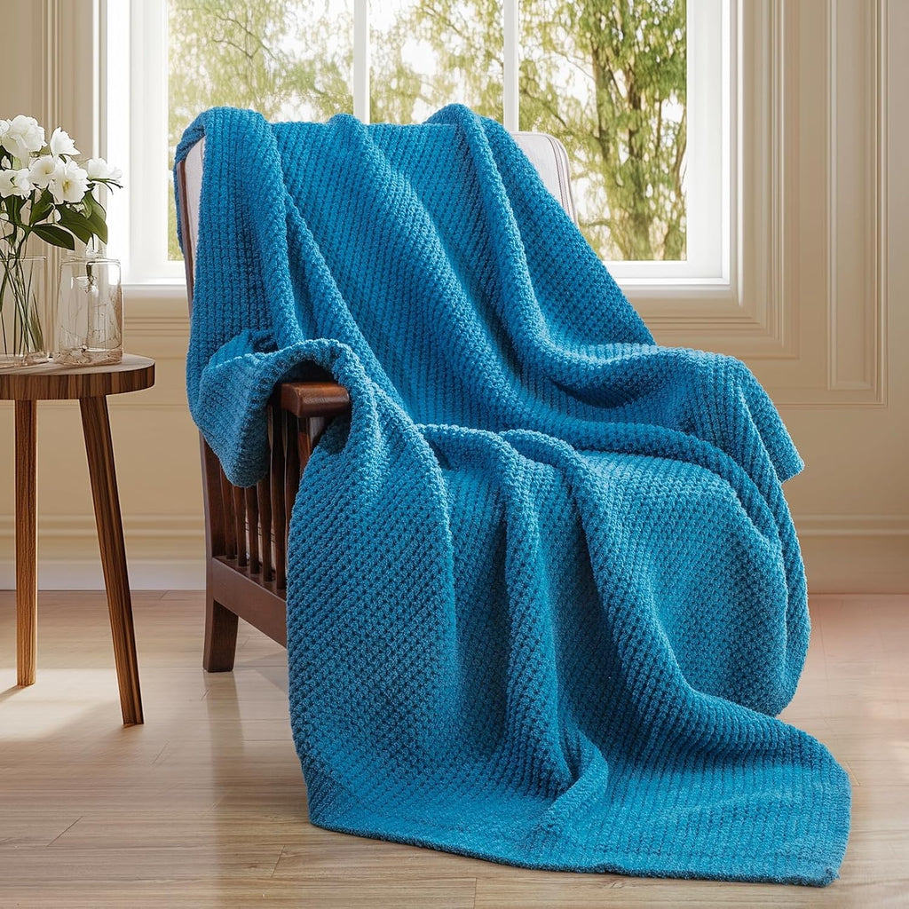 Blue Chunky Waffle Knit Throw Blanket