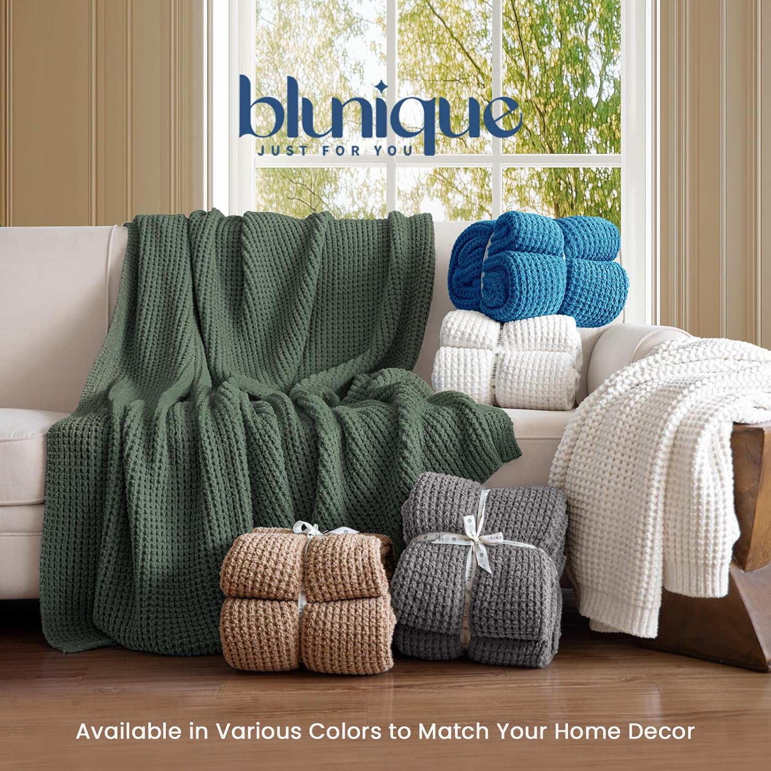 Blue Chunky Waffle Knit Throw Blanket
