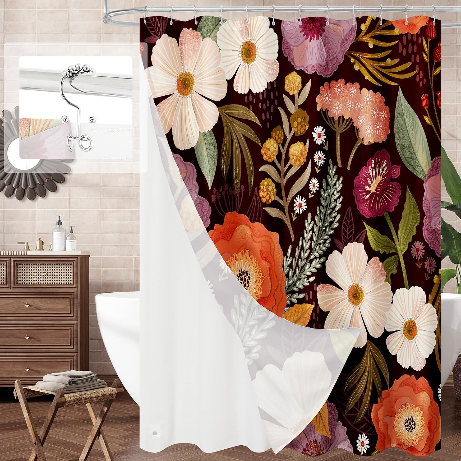 Boho Floral 3-in-1 Shower Curtain Set