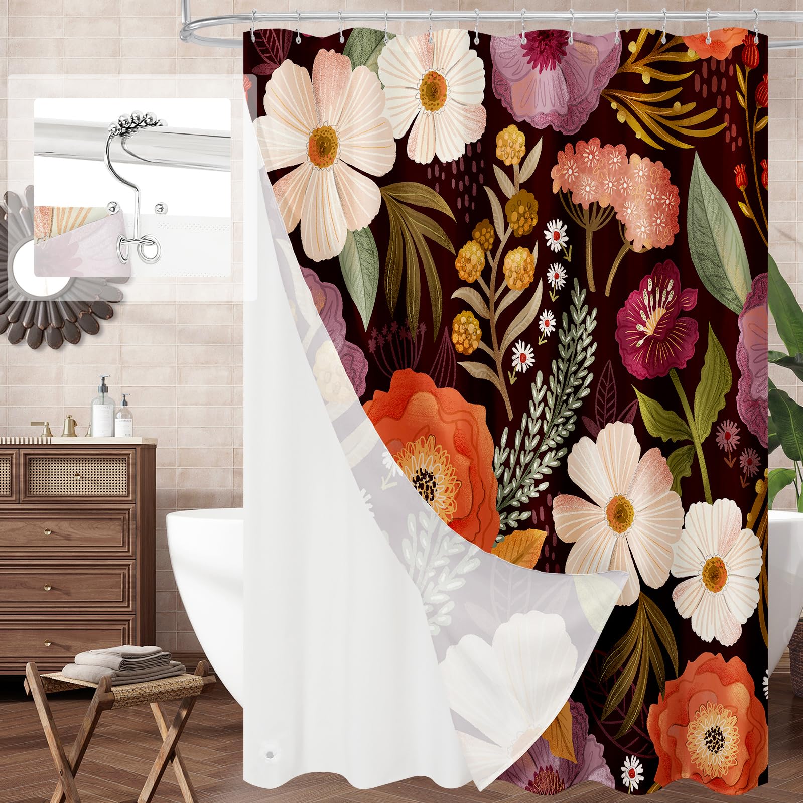 Boho Floral 3-in-1 Shower Curtain Set