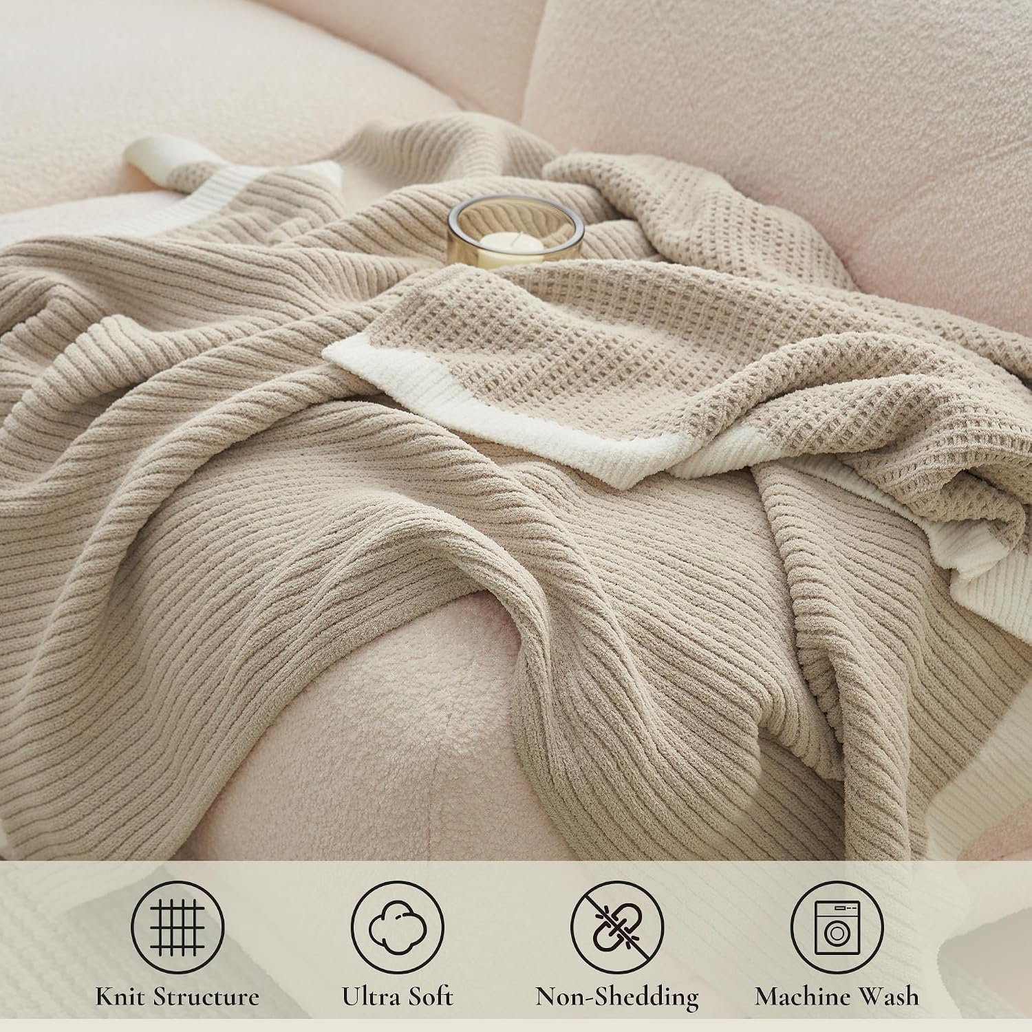Beige Chenille Waffle Throw Blanket