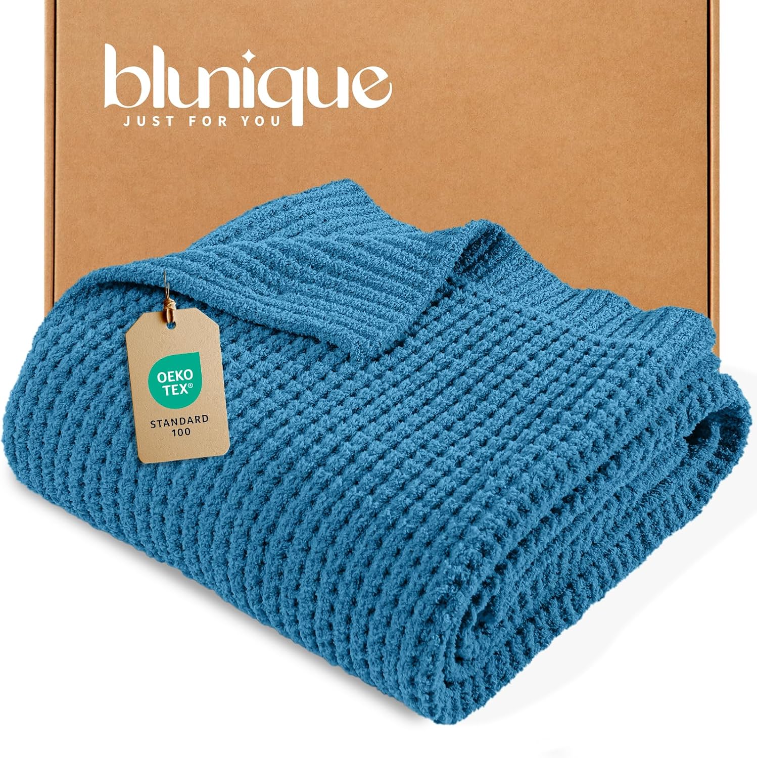 Blue Chunky Waffle Knit Throw Blanket