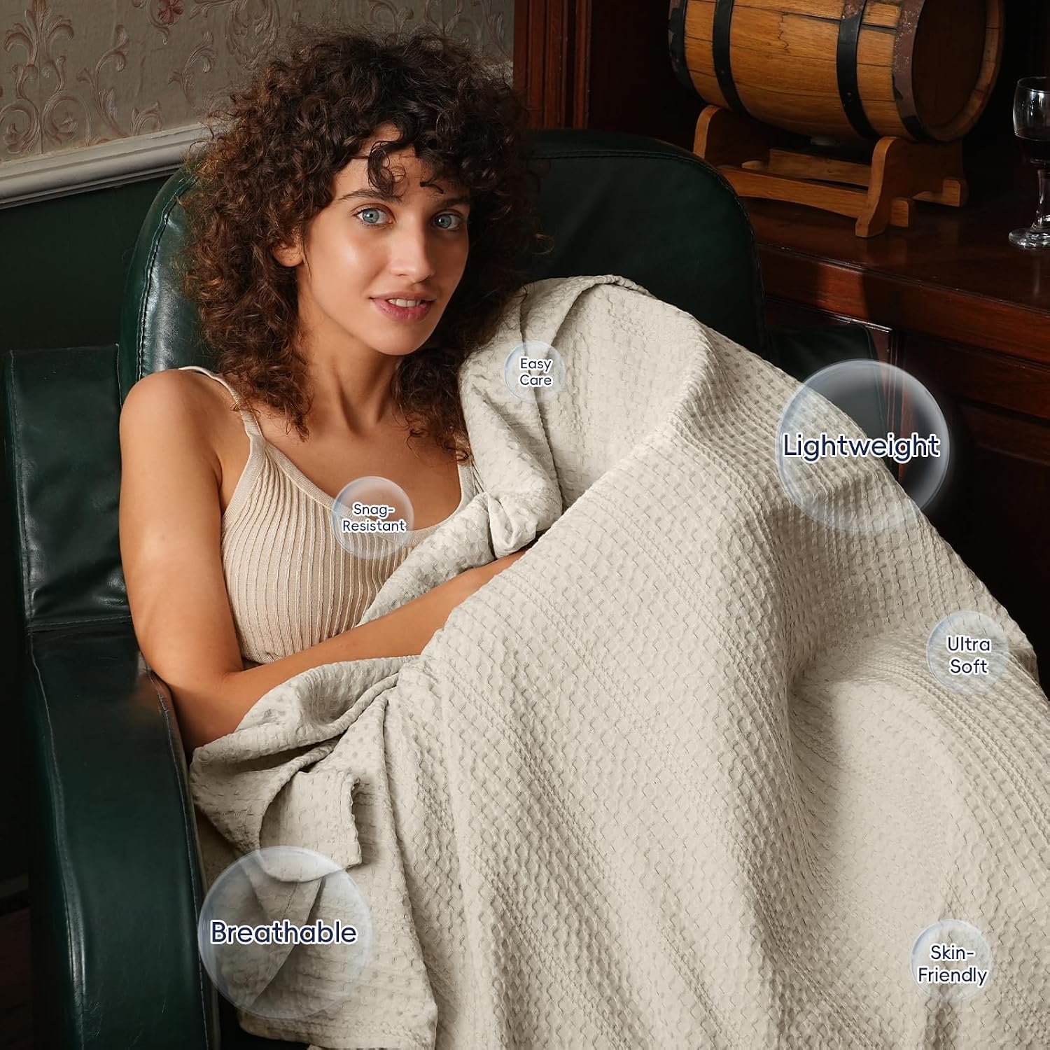 Natural Linen Waffle Weave Queen Blanket