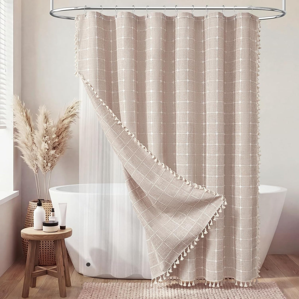Taupe Boho Linen Shower Curtain Set