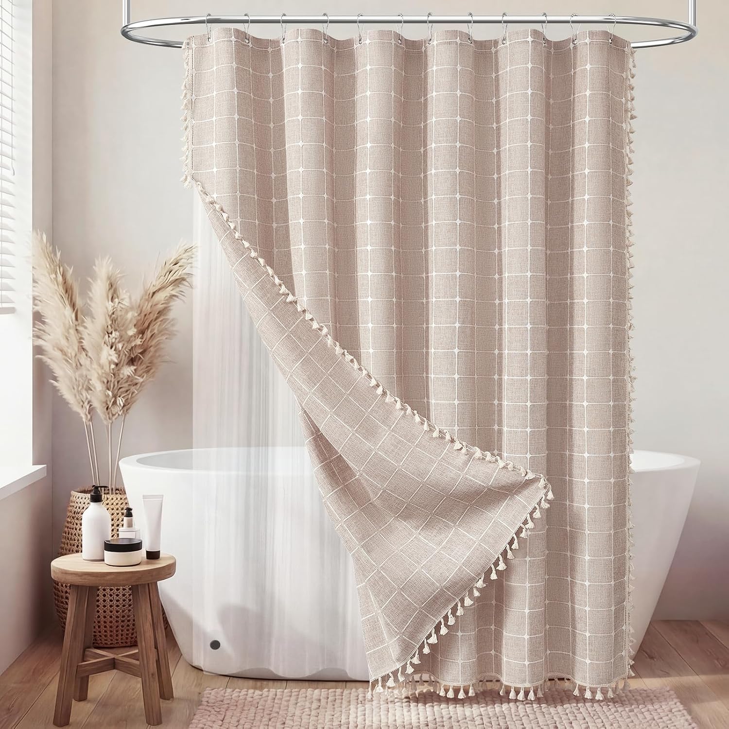 Taupe Boho Linen Shower Curtain Set
