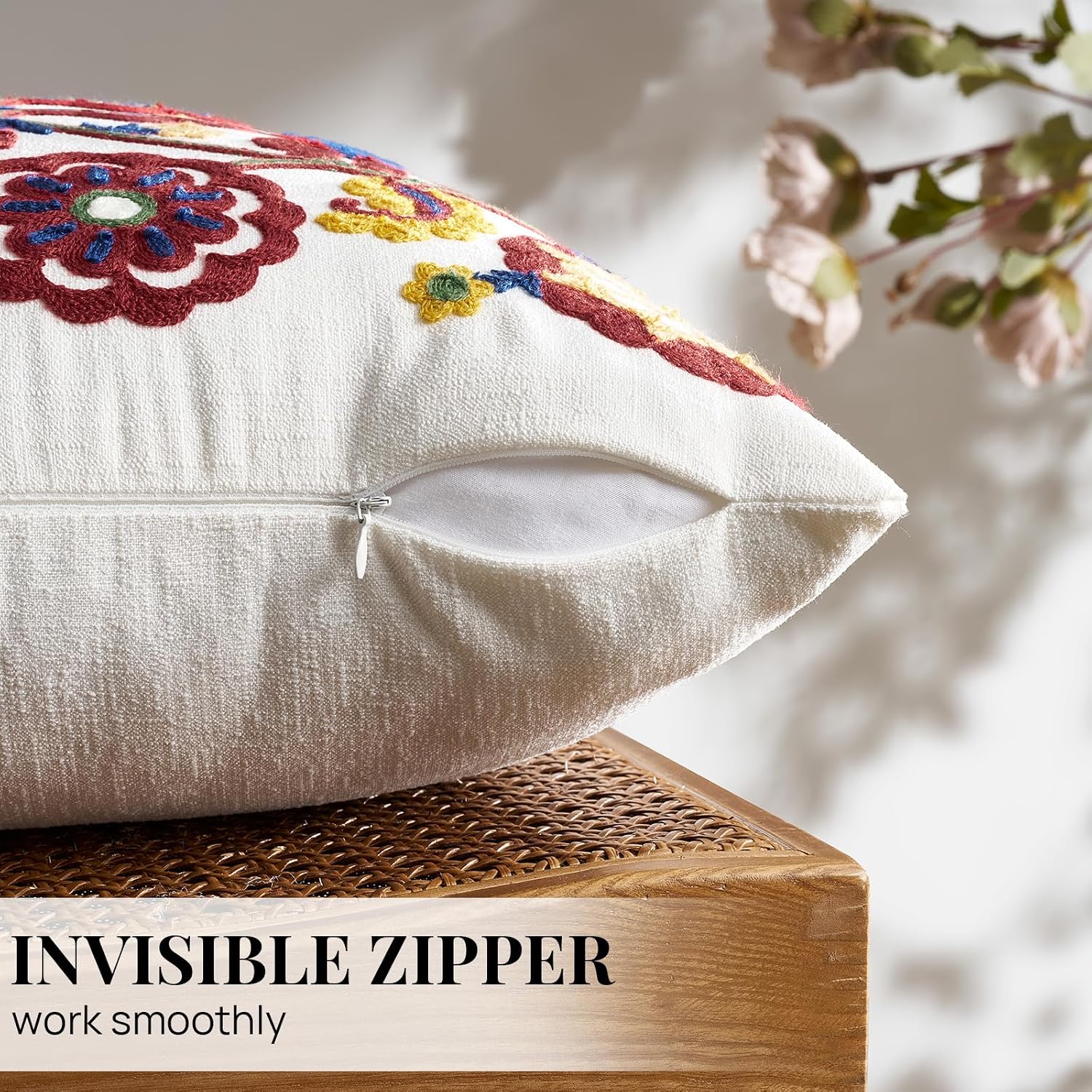 Boho Floral Linen Pillow Cover