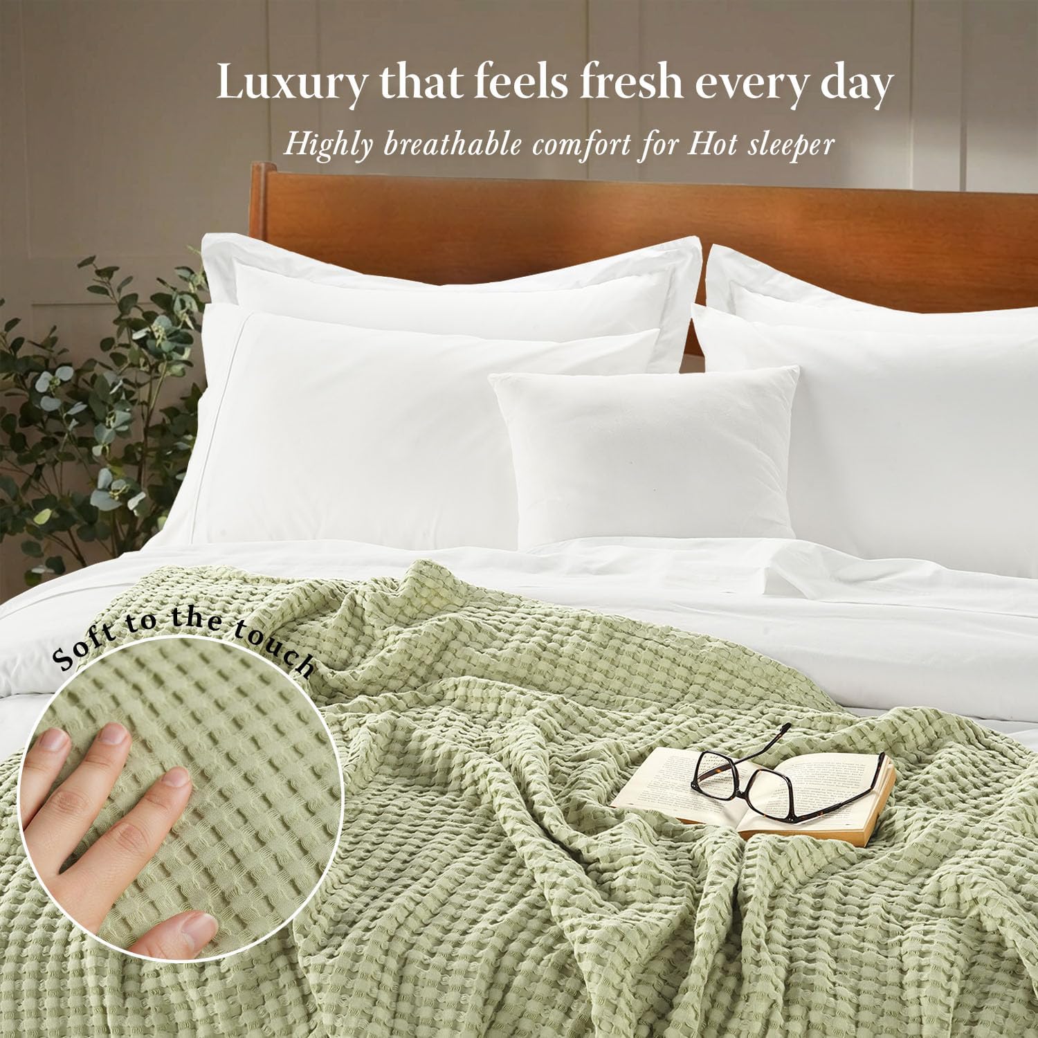 Sage Green Bamboo Waffle King Blanket