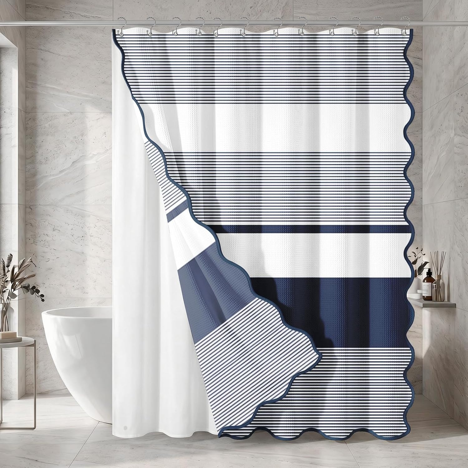Navy Waffle Shower Curtain Set