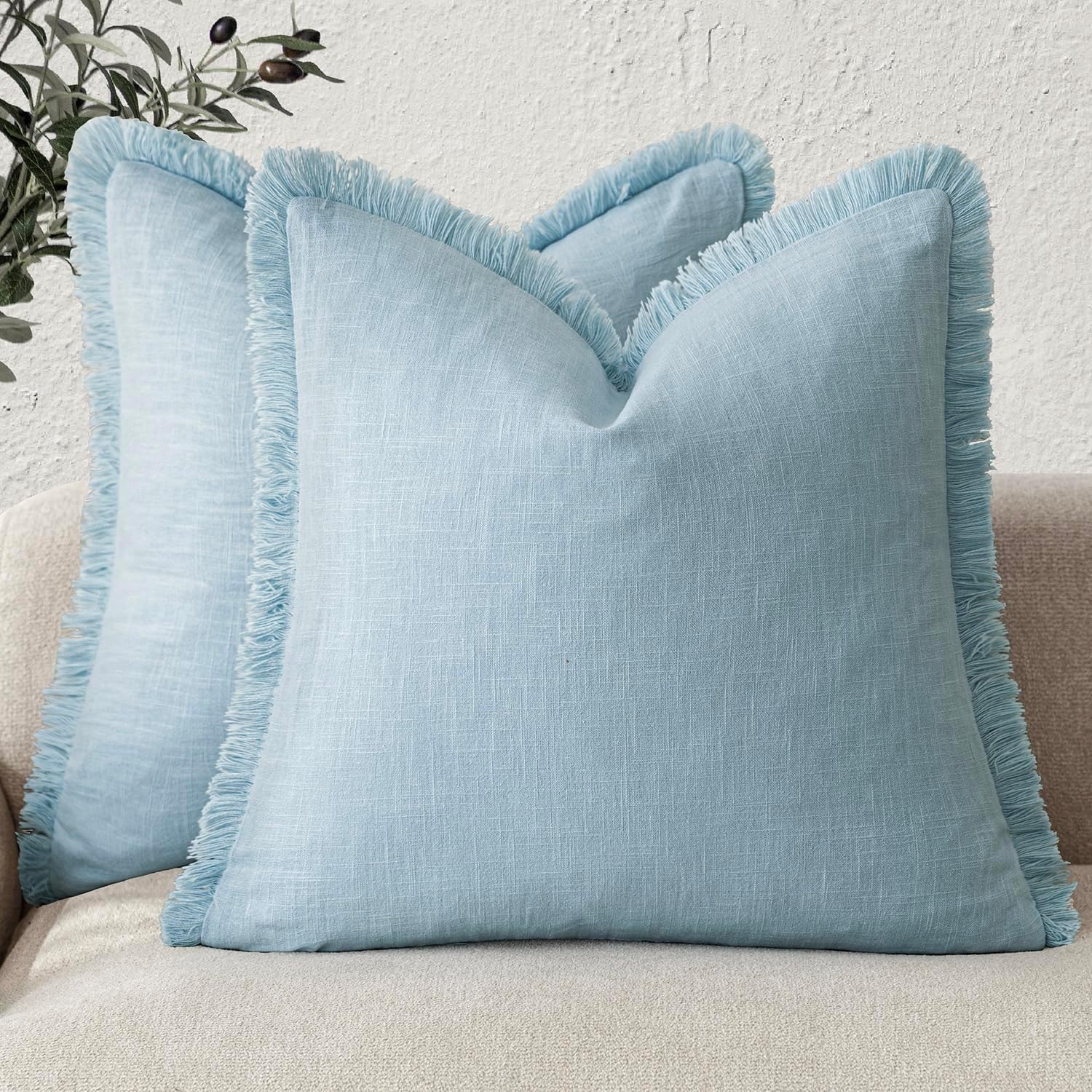 Light Blue Fringe Pillow Cover Set