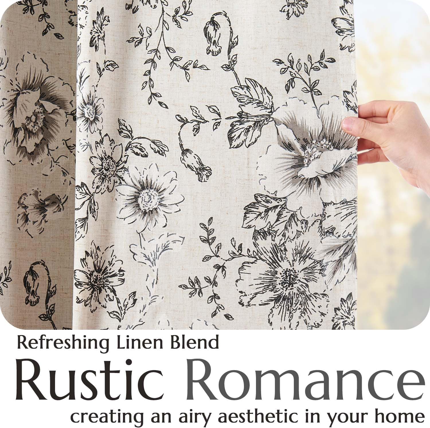 Black Floral Linen Blend Blackout Curtains 90 Inch