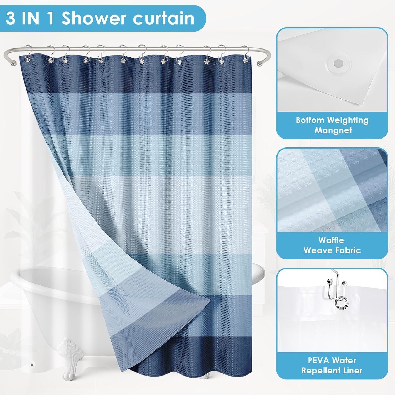 Blue Ombre Striped Shower Curtain Set