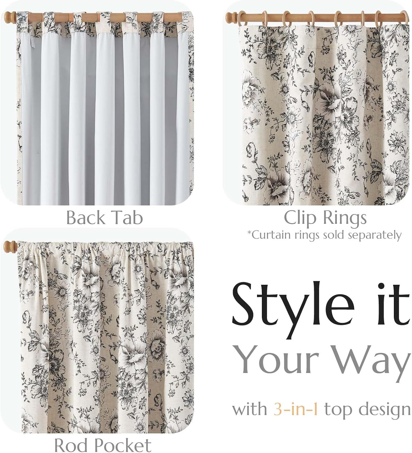 Black Floral Linen Blend Blackout Curtains 90 Inch