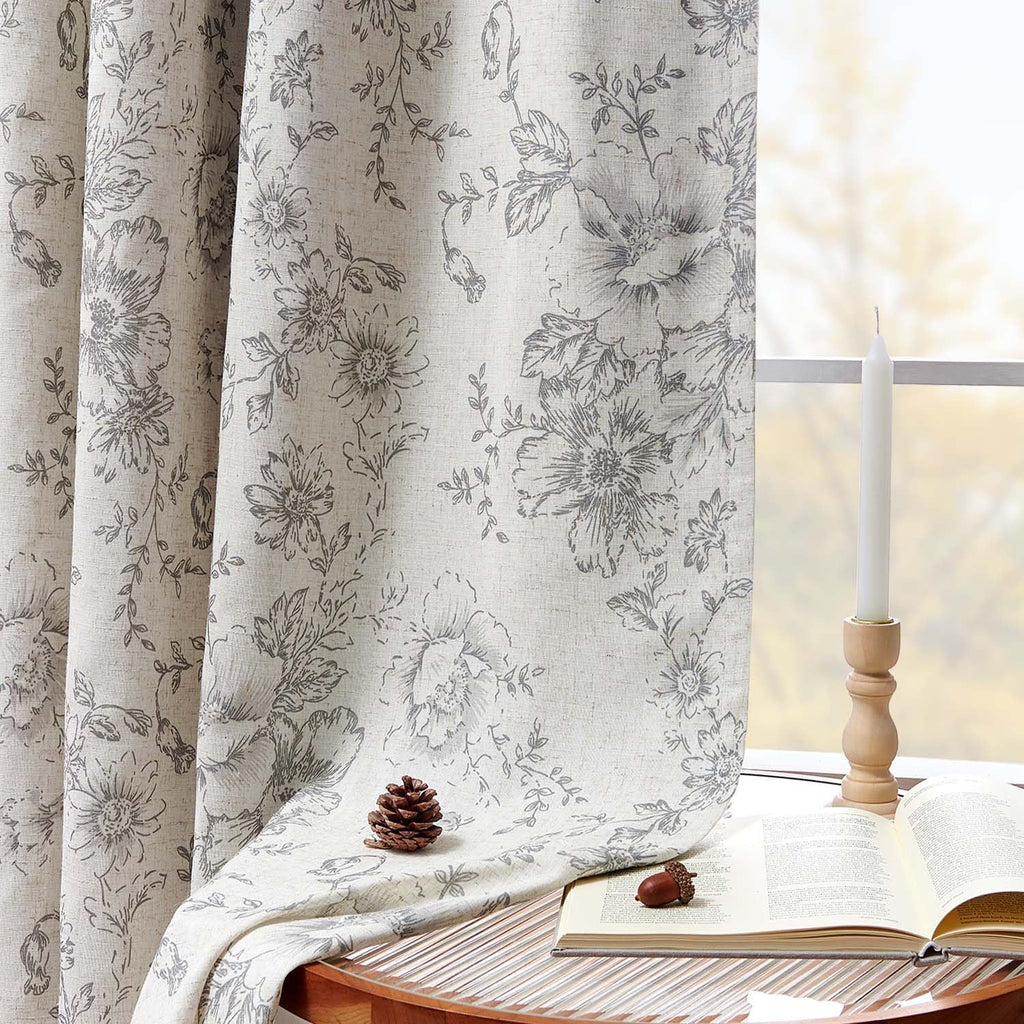 Grey Floral Linen Blend Blackout Curtains 84 Inch