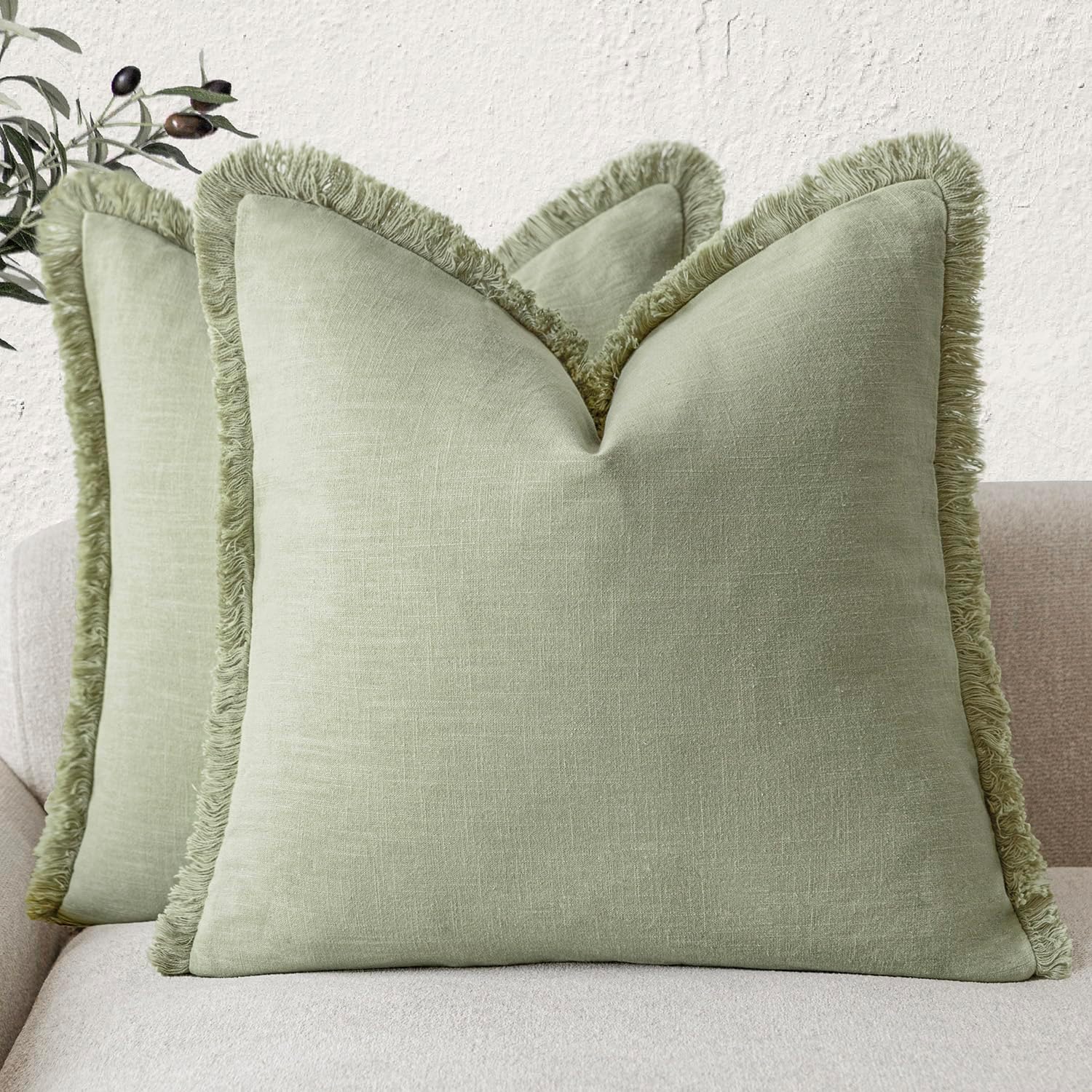 Sage Fringe Pillow Cover Set