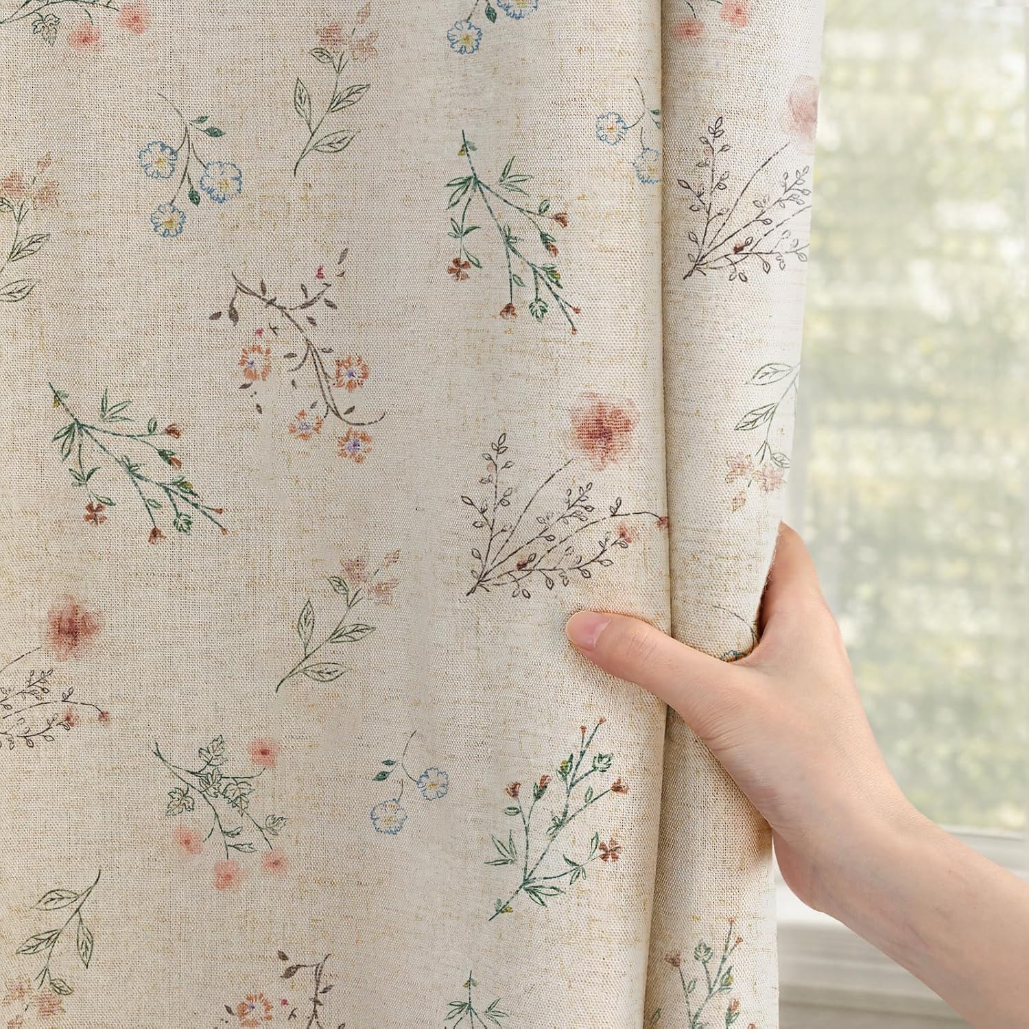 Beige Boho Floral Linen Blackout Curtains 84 Inch