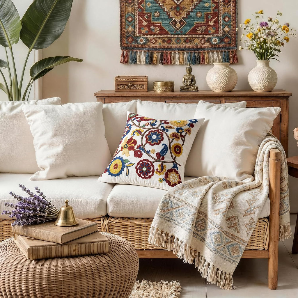 Boho Floral Linen Pillow Cover