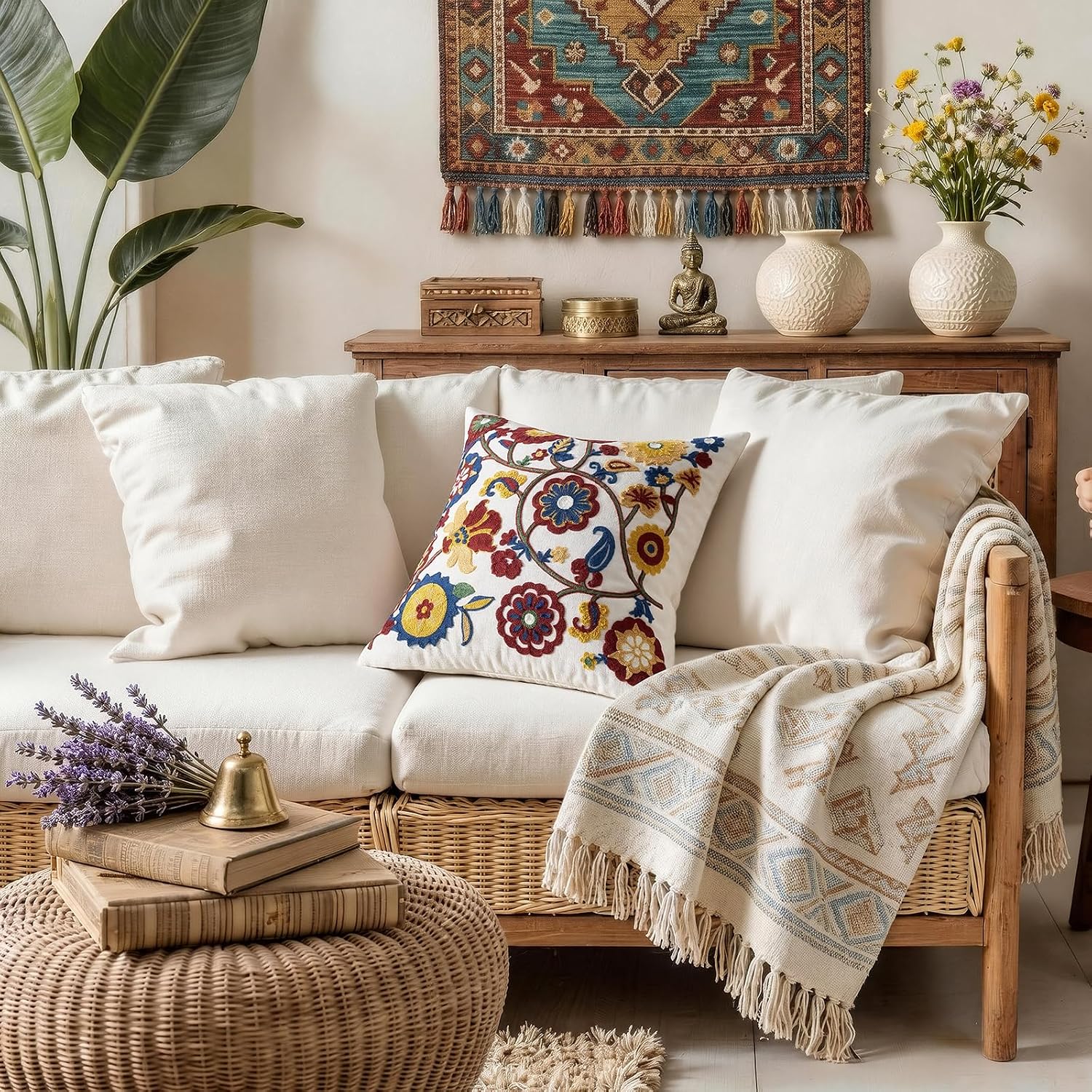 Boho Floral Linen Pillow Cover