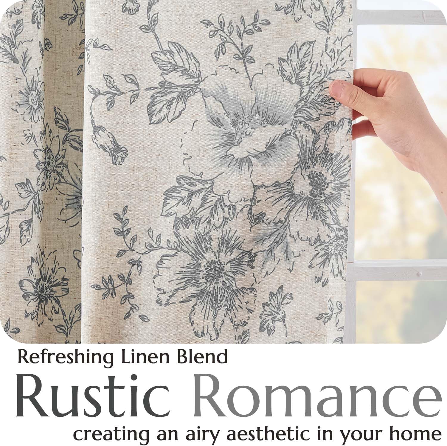 Grey Floral Linen Blend Blackout Curtains 84 Inch
