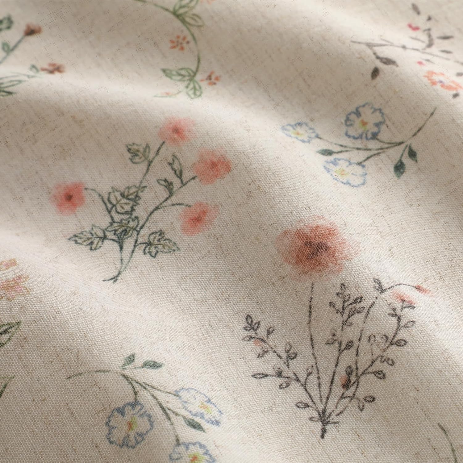 Beige Boho Floral Linen Blackout Curtains 84 Inch