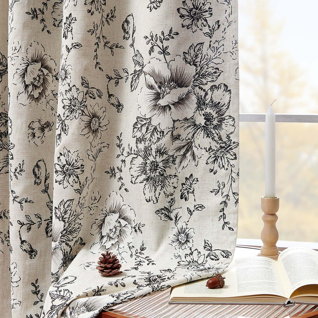 Black Floral Linen Blend Blackout Curtains 90 Inch