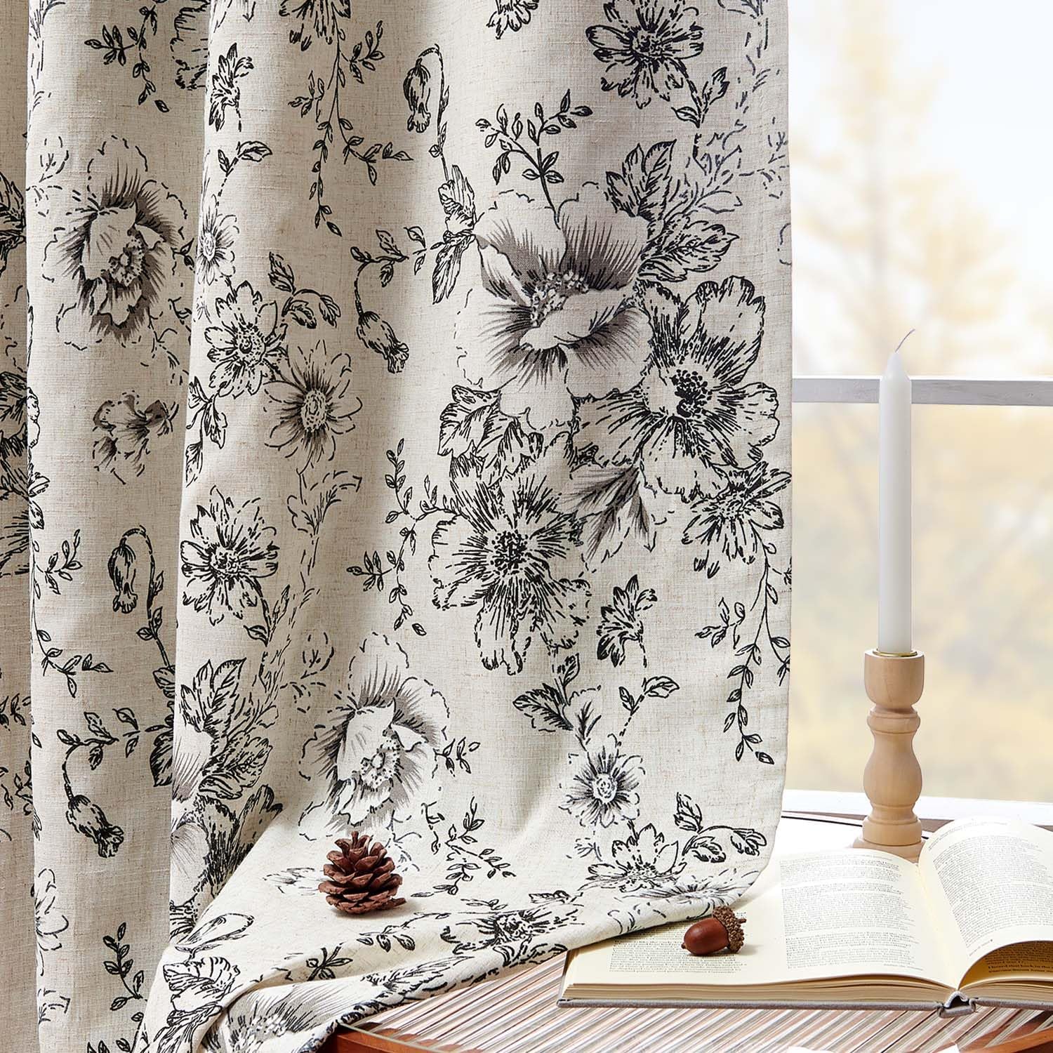 Black Floral Linen Blend Blackout Curtains 90 Inch