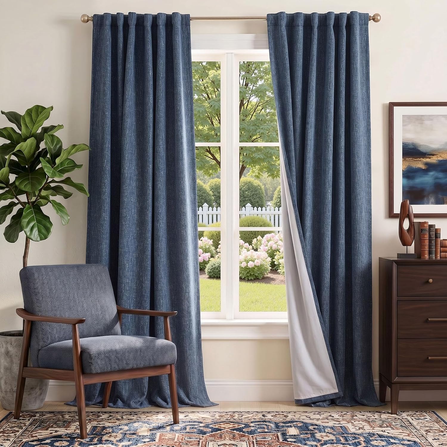 Blue Burlap Textured Blackout Curtains 84 Inch